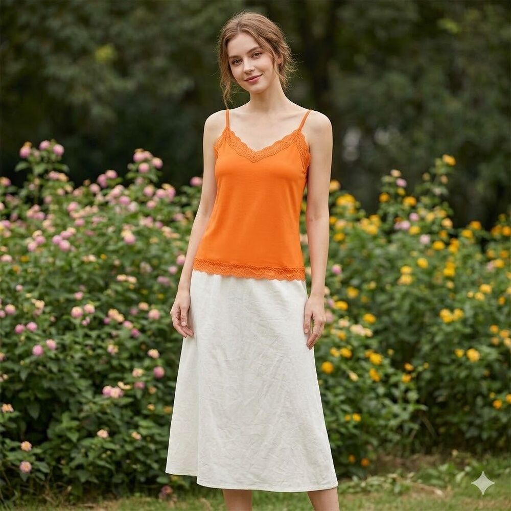 Elementz Orange Lace Trim Cami Tank Top M Medium Coquette Fairy Grunge Y2K Style